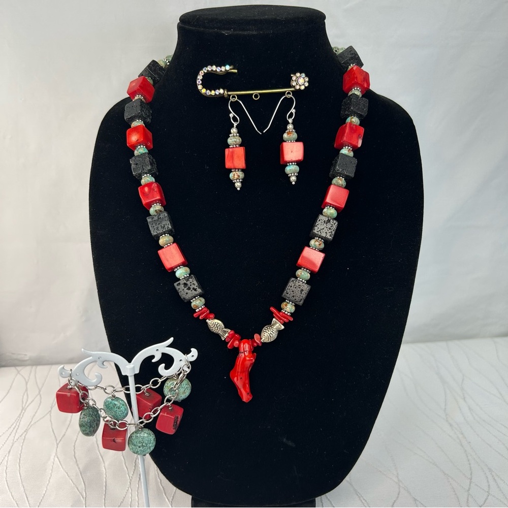Red Cubed Coral Beads, Serpentine Jasper & Black Lava Stone Beaded Jewelry Set
